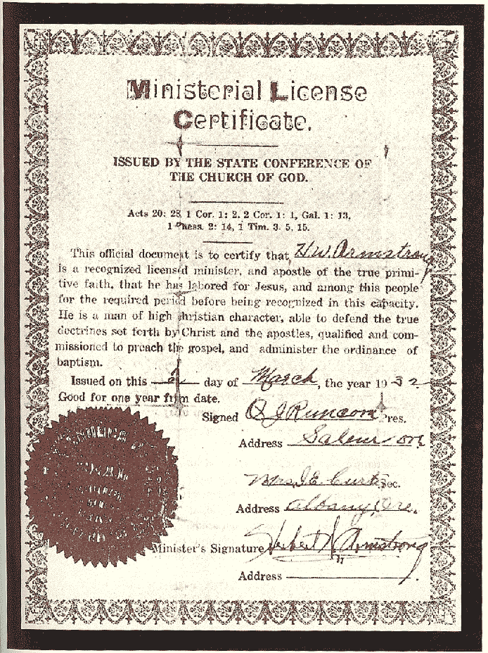 Herbert W. Armstrong Ministerial License